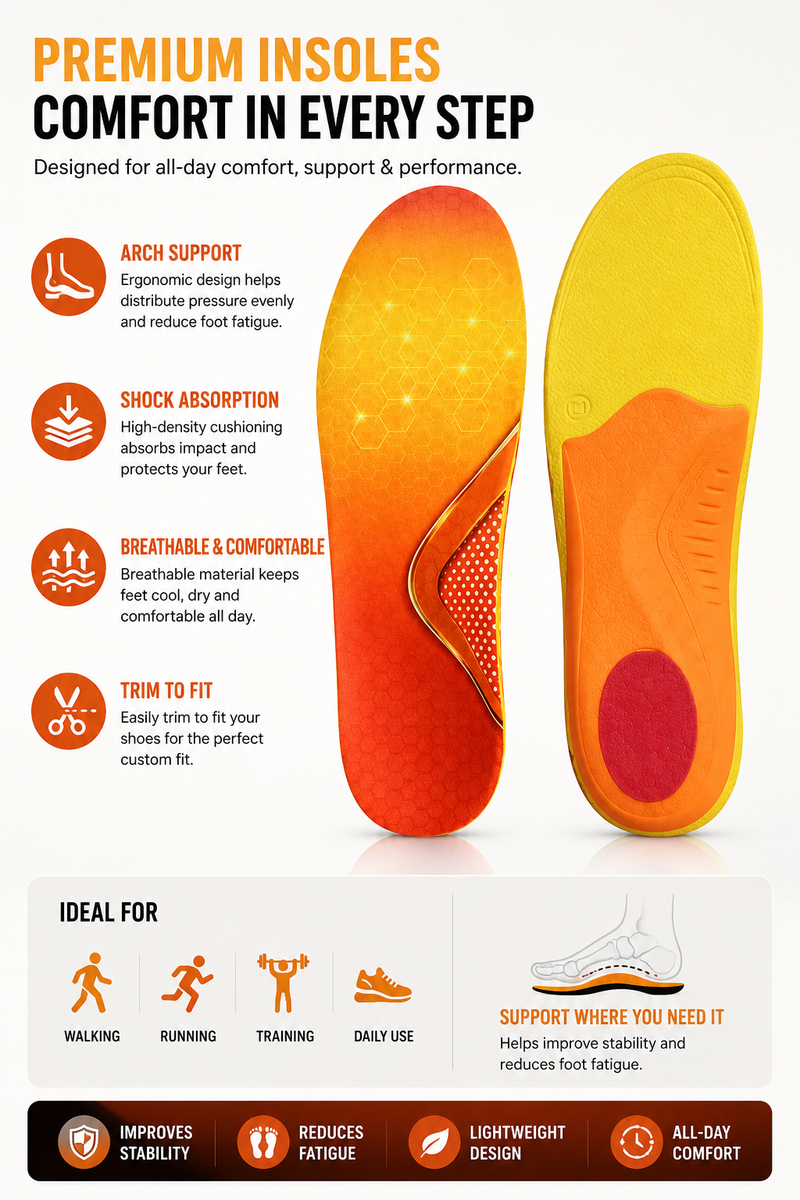 Premium Arch Support Insoles for Men & Women – Lightweight Shock Absorbing Cushion Inserts for Daily Walking, Standing & All-Day Comfort Support