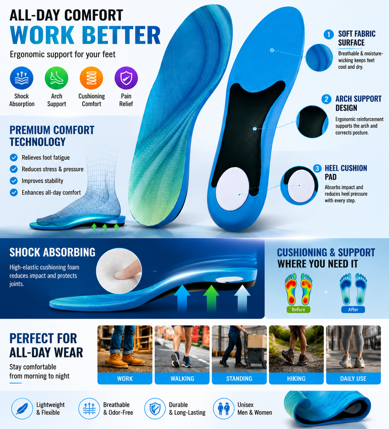 Heavy Duty Work Insoles for Safety Boots – Arch Support Cushion to Reduce Foot Fatigue, Heel Pain & Pressure from Long Standing Hours
