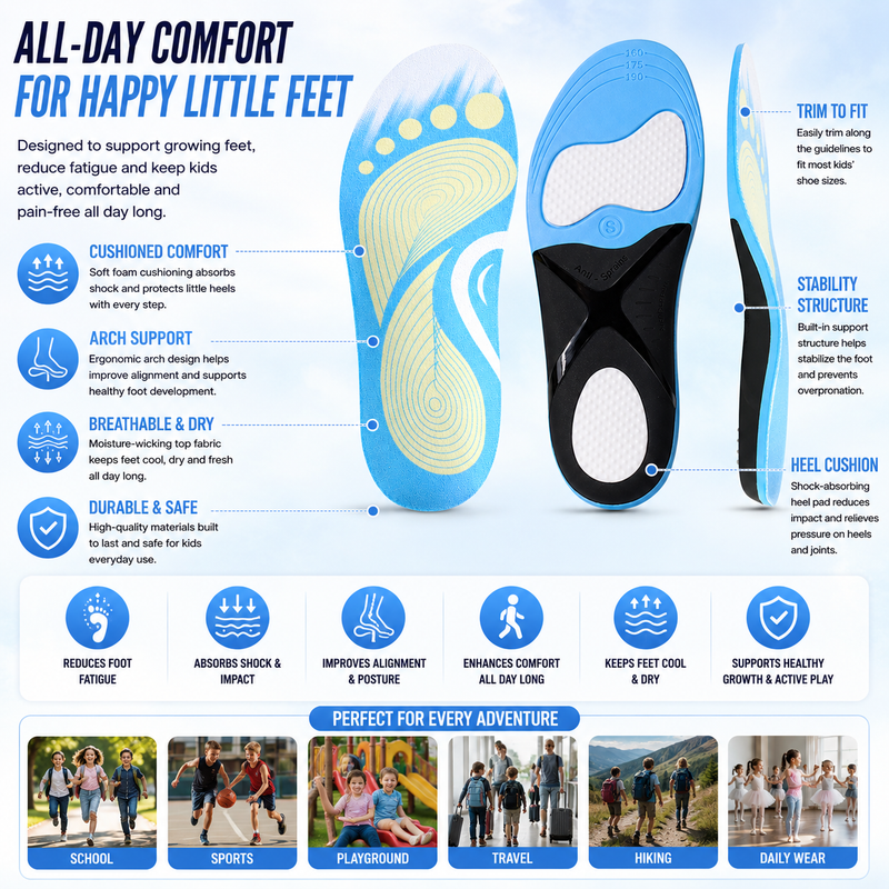 Kids Arch Support Insoles for Healthy Foot Development – Soft Cushioning Support for Daily School Use, Walking & Outdoor Play