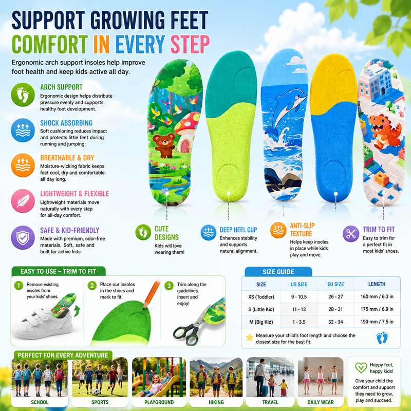 Kids Arch Support Insoles for Growing Feet – Comfortable Cushion for School & Sports Activities