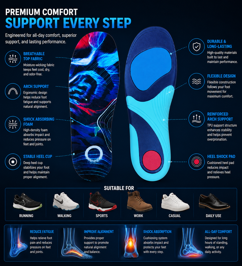 Orthotic Arch Support Insoles with Deep Heel Cup – Cushioned Inserts for All-Day Comfort