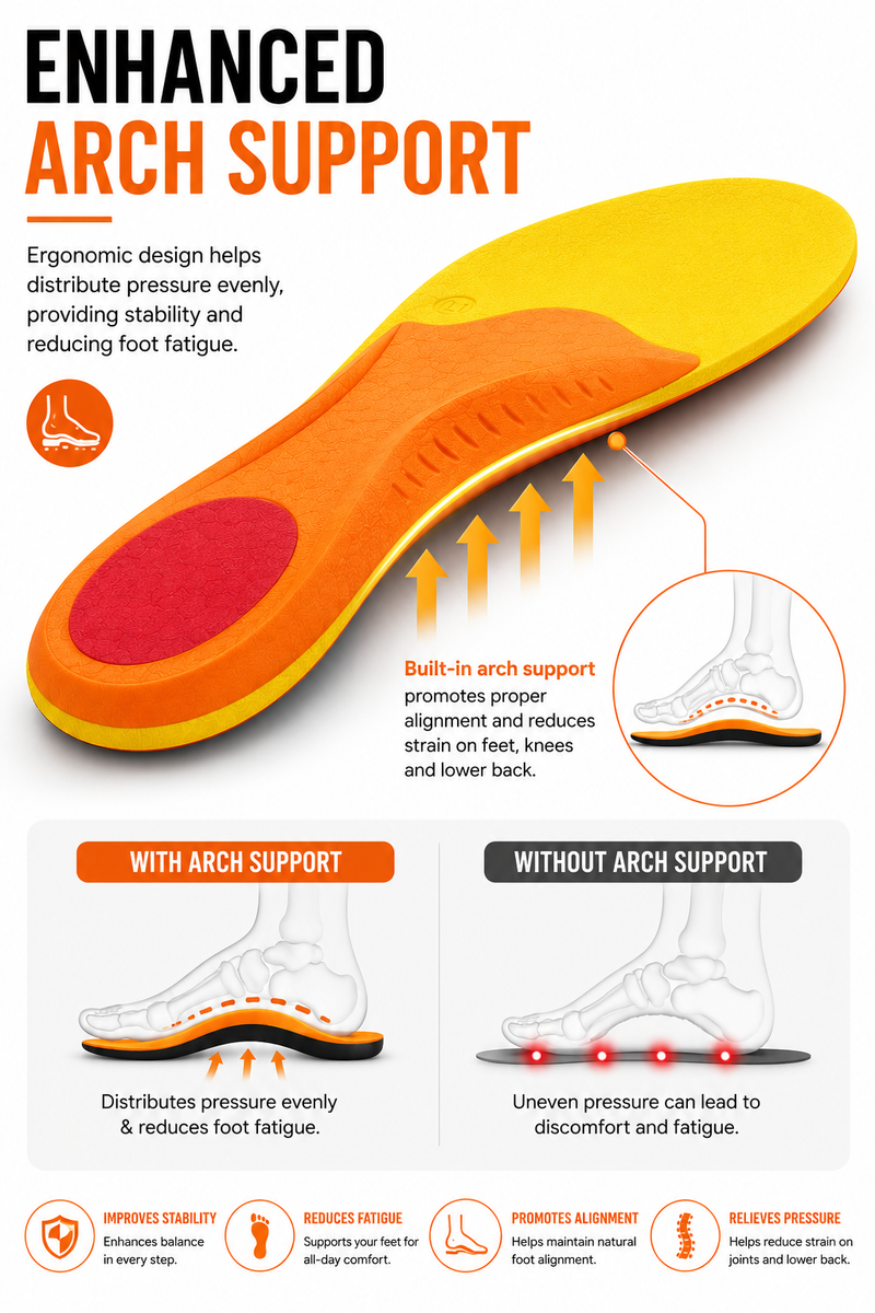 Premium Arch Support Insoles for Men & Women – Lightweight Shock Absorbing Cushion Inserts for Daily Walking, Standing & All-Day Comfort Support
