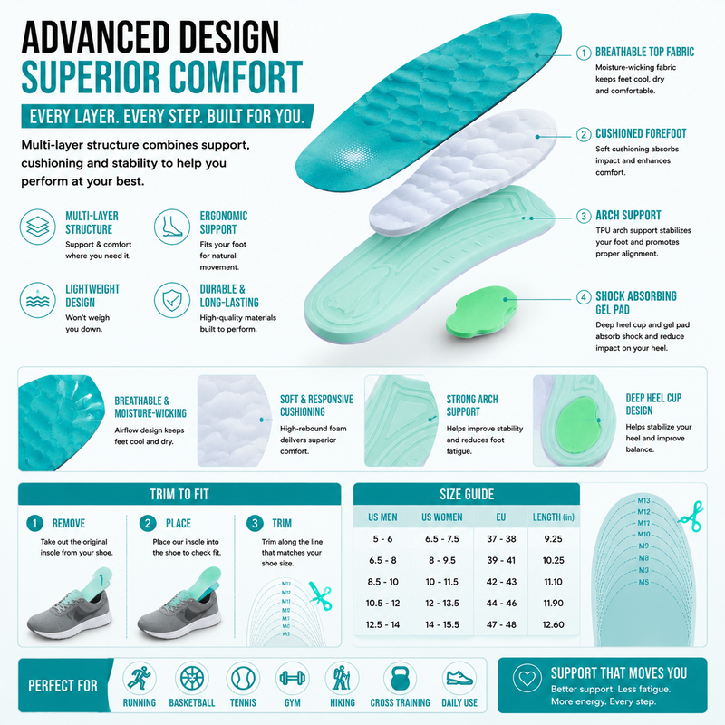Athletic Sports Insoles for Men & Women – Lightweight Arch Support Cushion for Running, Training, Gym & Impact Shock Absorption Comfort