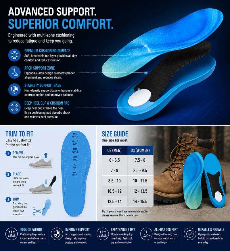 Heavy Duty Work Insoles for Safety Boots – Arch Support Cushion to Reduce Foot Fatigue, Heel Pain & Pressure from Long Standing Hours