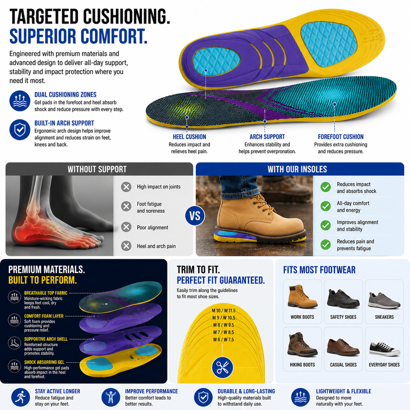 Heavy Duty Work Boot Insoles for Standing All Day – Orthotic Arch Support for Construction, Warehouse & Long Hour Work Comfort