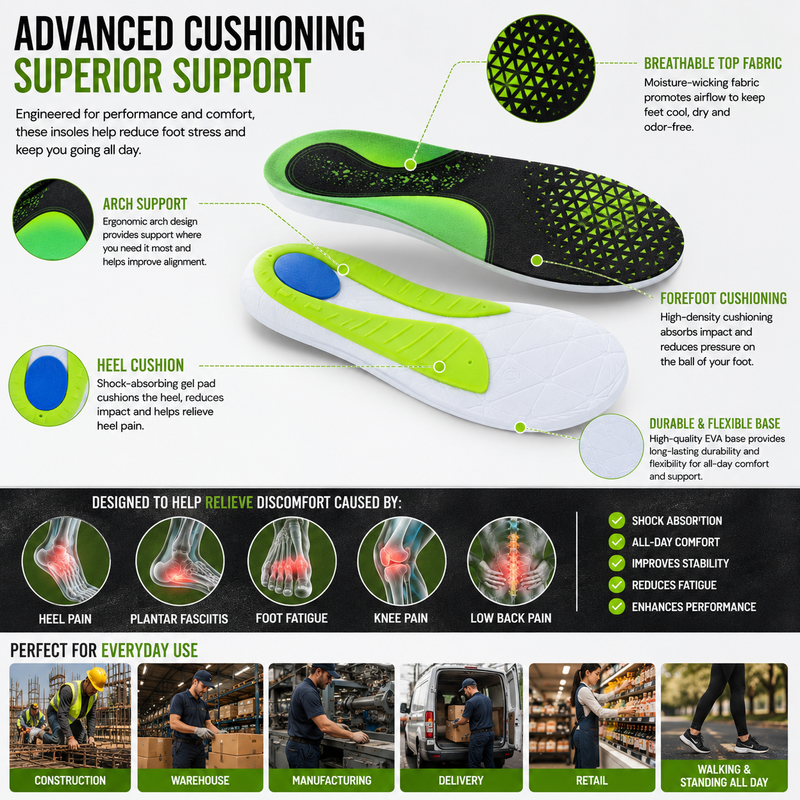Work Boot Insoles for Standing All Day – Heavy Duty Arch Support & Fatigue Reduction Comfort