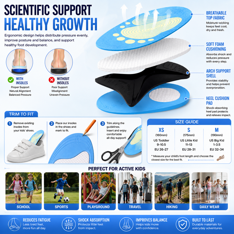 Kids Arch Support Insoles for Healthy Foot Development – Soft Cushioning Support for Daily School Use, Walking & Outdoor Play