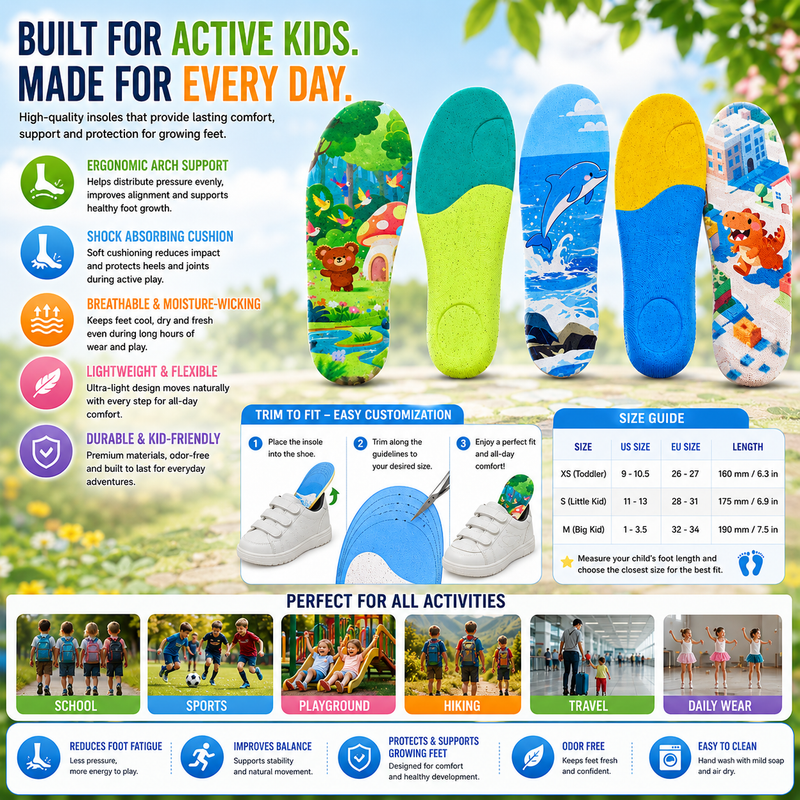 Kids Arch Support Insoles for Growing Feet – Comfortable Cushion for School & Sports Activities