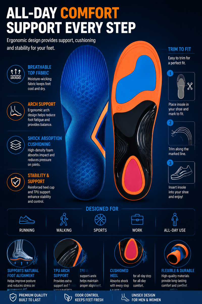 Orthotic Arch Support Insoles – Lightweight Shock Absorbing Inserts for Running, Training, Sports & Daily Activity Performance Comfort