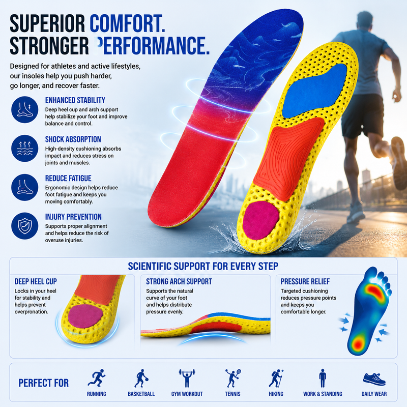 Athletic Performance Insoles with Arch Support – Lightweight Shock Absorbing Inserts for Running, Gym, Training & Impact Protection Comfort