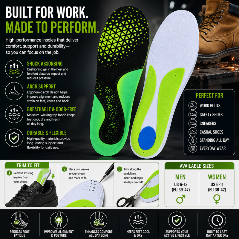 Work Boot Insoles for Standing All Day – Heavy Duty Arch Support & Fatigue Reduction Comfort