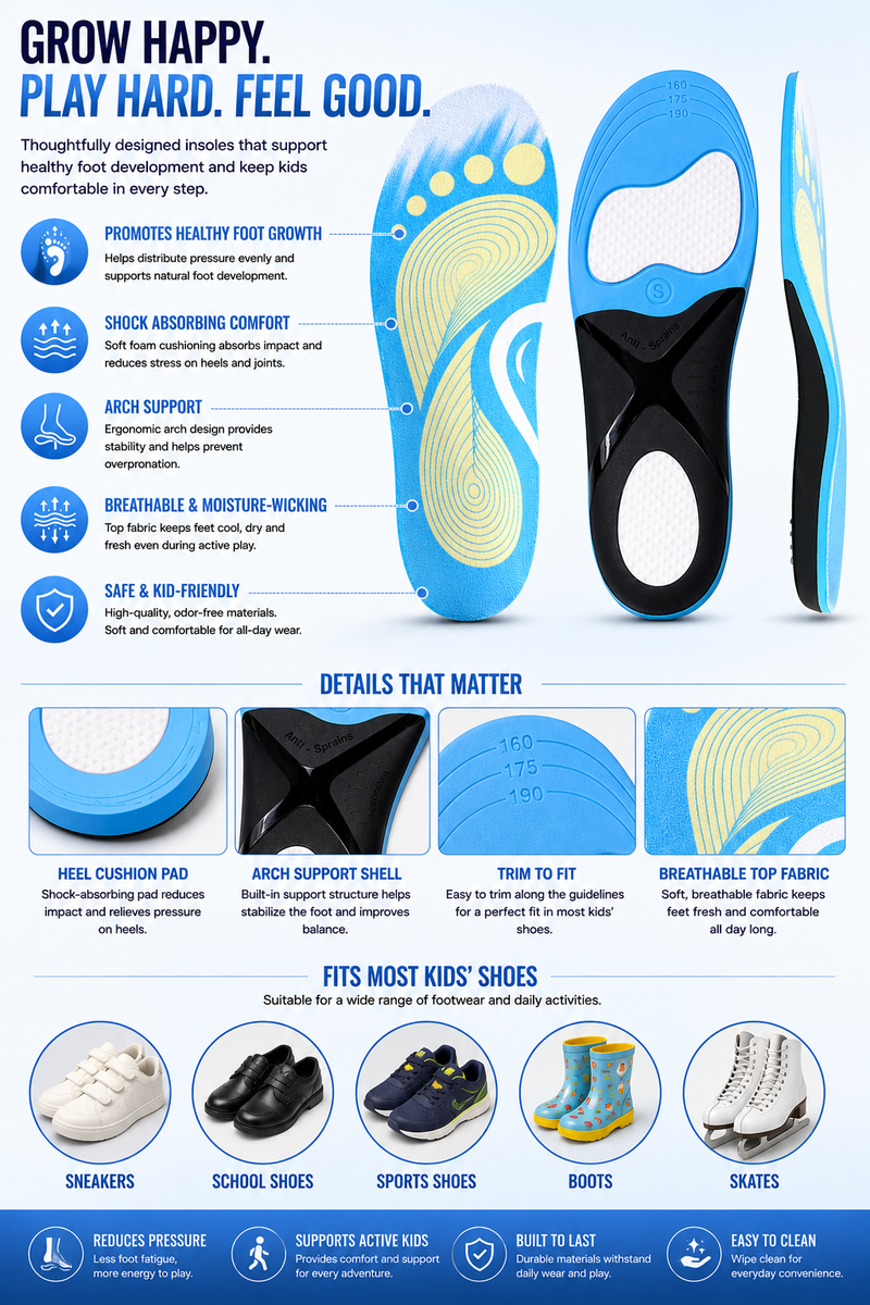 Kids Arch Support Insoles for Healthy Foot Development – Soft Cushioning Support for Daily School Use, Walking & Outdoor Play