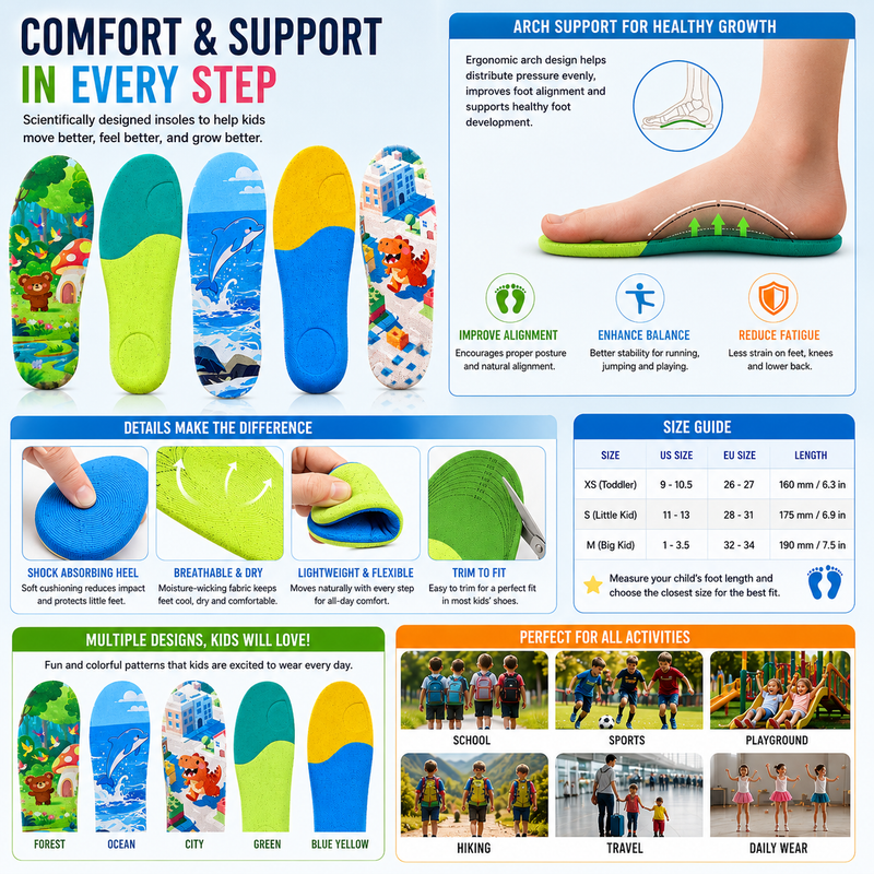 Kids Arch Support Insoles for Growing Feet – Comfortable Cushion for School & Sports Activities
