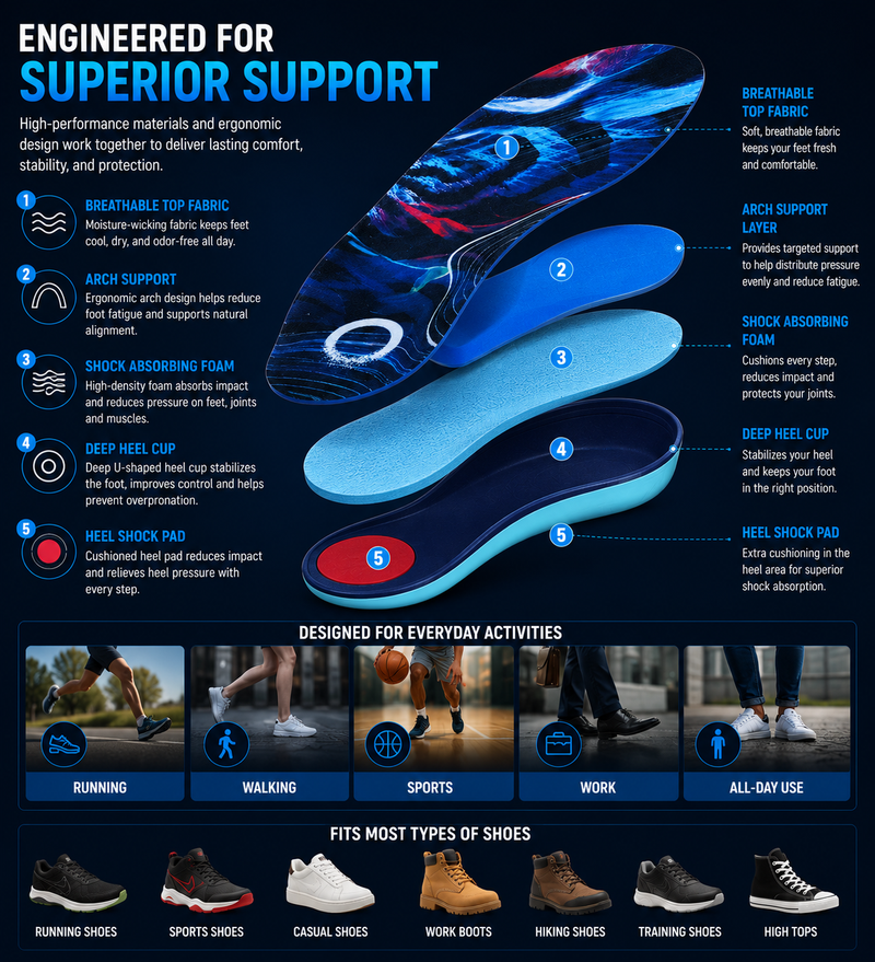 Orthotic Arch Support Insoles with Deep Heel Cup – Cushioned Inserts for All-Day Comfort
