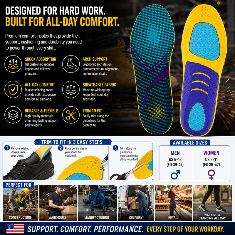 Heavy Duty Work Boot Insoles for Standing All Day – Orthotic Arch Support for Construction, Warehouse & Long Hour Work Comfort