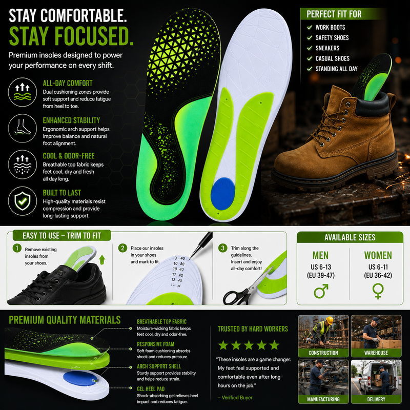 Work Boot Insoles for Standing All Day – Heavy Duty Arch Support & Fatigue Reduction Comfort