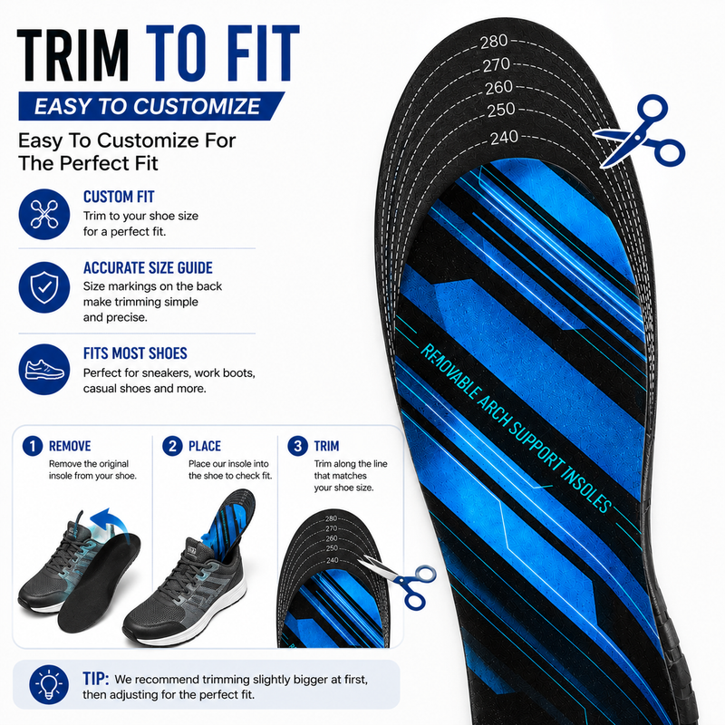 Orthotic Arch Support Insoles for Men & Women – Removable Shock Absorbing Inserts for Heel Pain, Plantar Fasciitis & Foot Fatigue Relief
