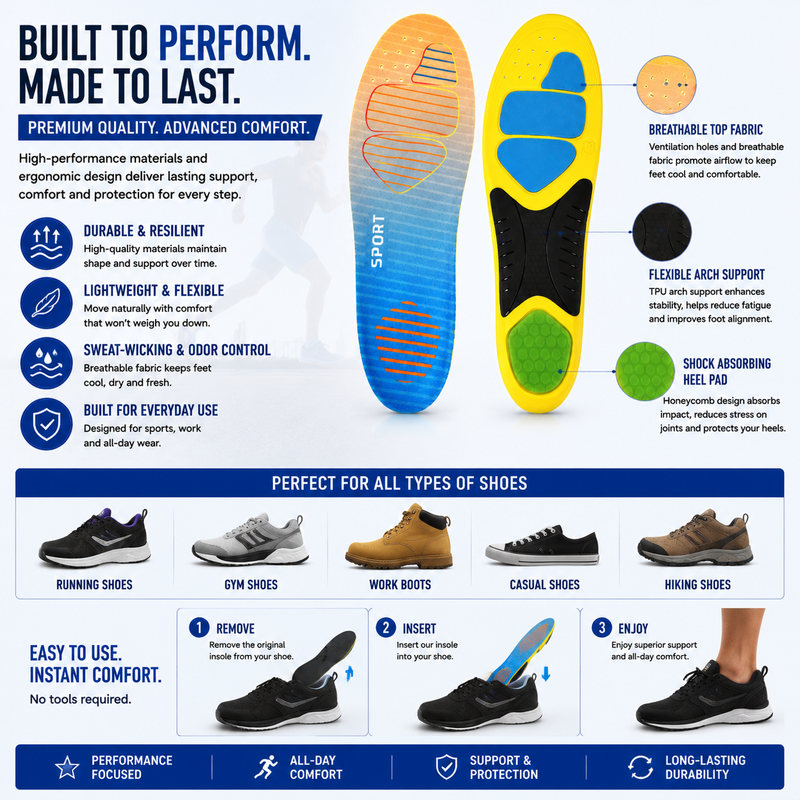 Shock Absorbing Sports Insoles for Men & Women – Arch Support Inserts for Running, Training & Foot Fatigue Relief & Daily Athletic Comfort